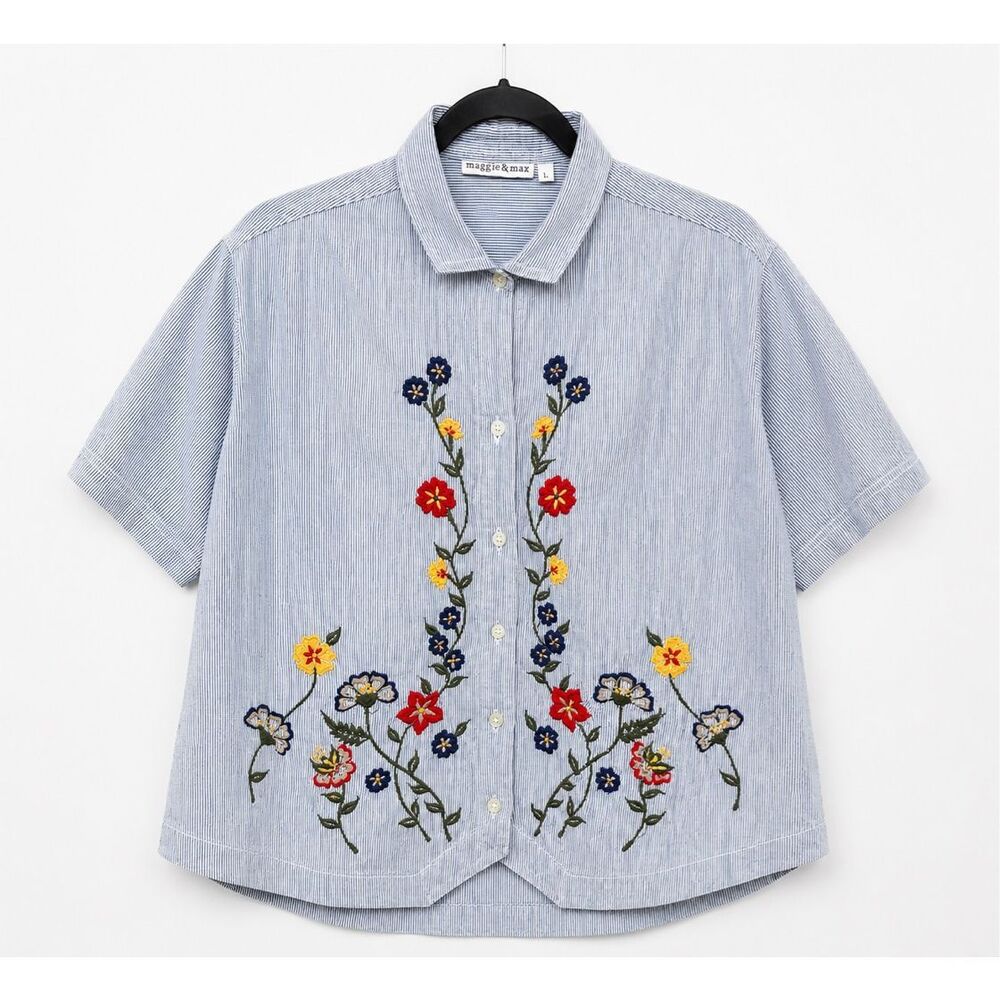 Maggie & Max Embroidered Button Front Blouse Sz L Blue Stripe Floral Cottagecore